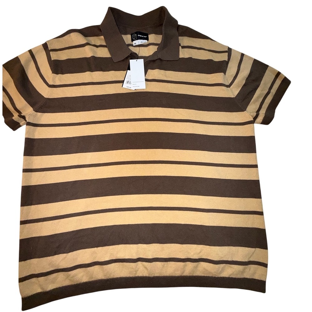 Original Use Mens XL Brown Striped Johnny Collar Sweater Short Sleeve Boxy Fit
